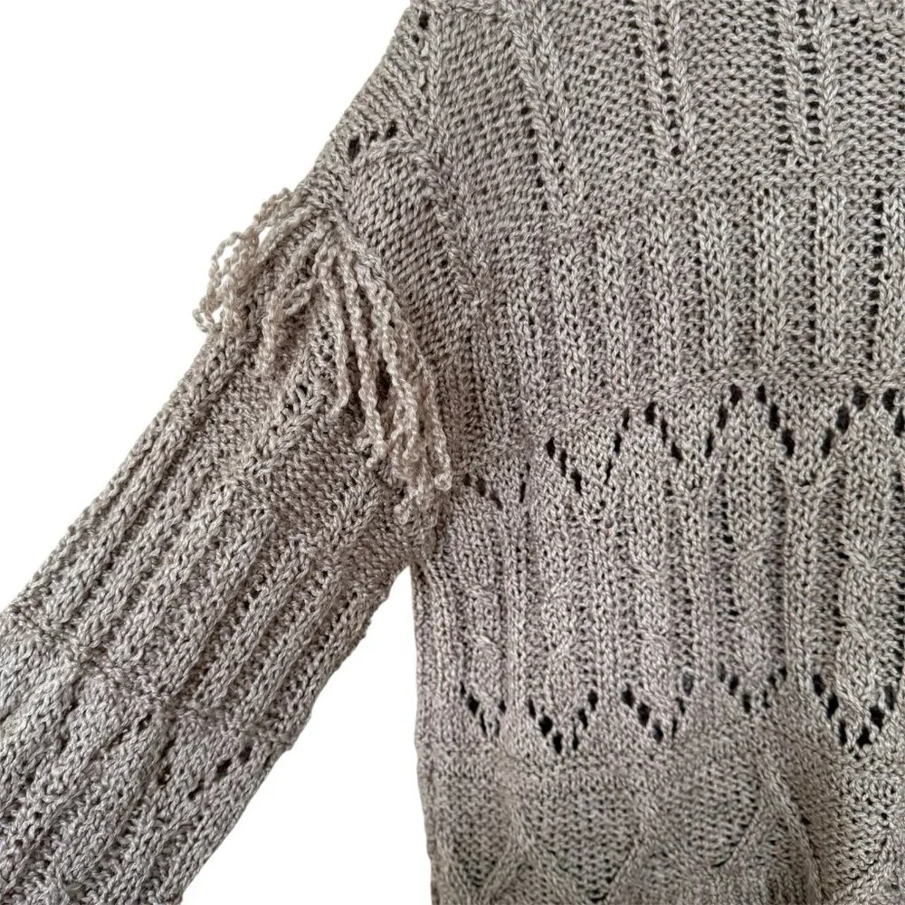 Old Navy Women Textured Fringe Sweater Size M Tan Relaxed Fit Boho Chic Festival
